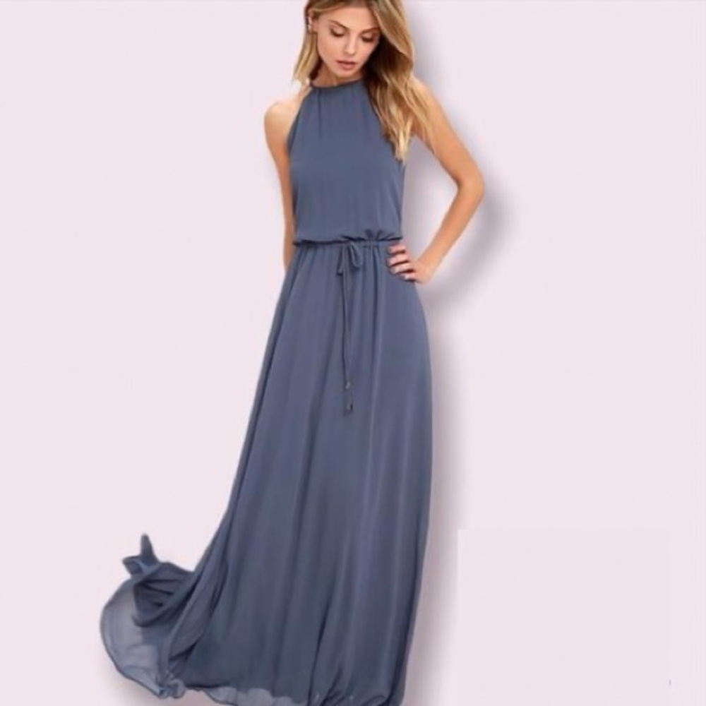 SOLD **********Lulu’s chiffon blue waist tie maxi dress